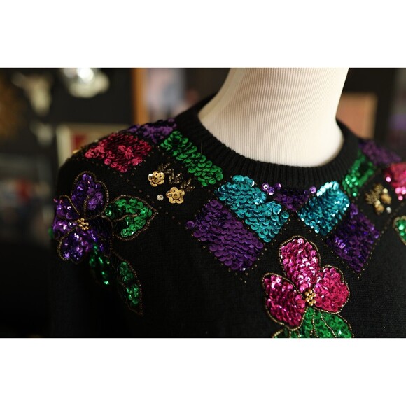 Vintage In Charge Black Floral Sequin Sweater Lambswool Angora Medium 80s - Picture 5 of 11